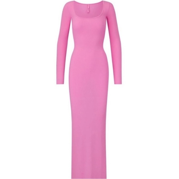 🆕XS BUBBLE GUM PINK SOFT LOUNGE LONG SLEEVE SQUARE NECK RIBBED SKIMS STYLE MAXI - Picture 7 of 15